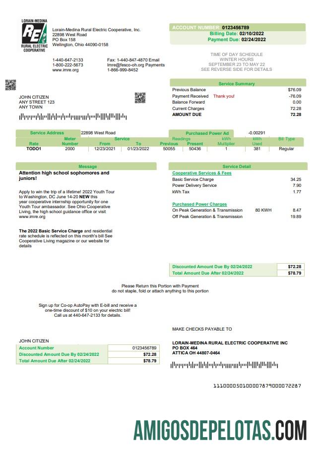 Para baixar modelo de conta de serviço público elétrico rural dos EUA Ohio Lorain Medina em formato Word e PDF
